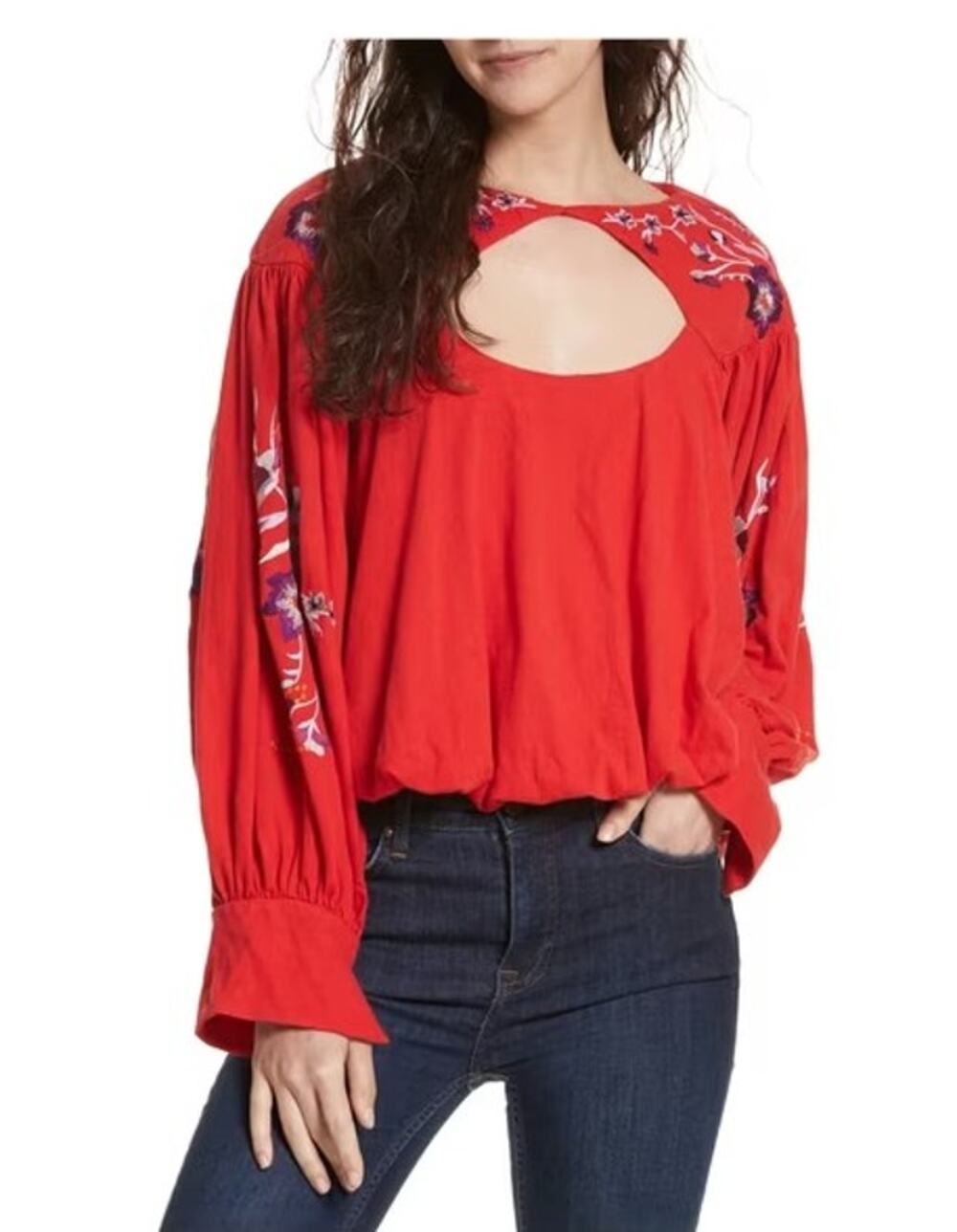 Free People Lita Keyhole Embroidered Top, Red, Size Large Boho Peasant Romantic